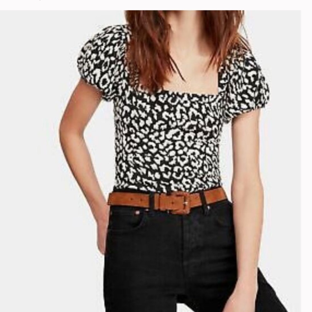 Free People square neck puff sleeve black and white leopard print Top